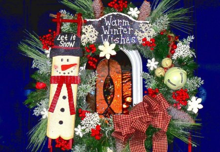 Welcome Winter Wreath - snowman, decoration, pine wreath, bell, chrsitmas, wreath, nature, holiday, red, door wreath, bow