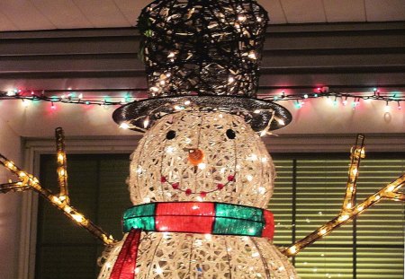 Snowman in Lights - snowman, nature, glow, decorations, holiday, winter, christmas, lights