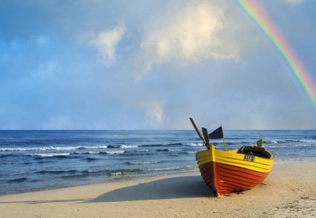 rainbow over row boat on the beach - row boat, sea, rainbow, beach