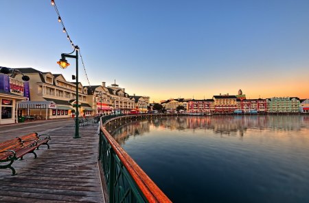 wonderful boardwalk early in the morning - morning, boardwalk, stores, bay