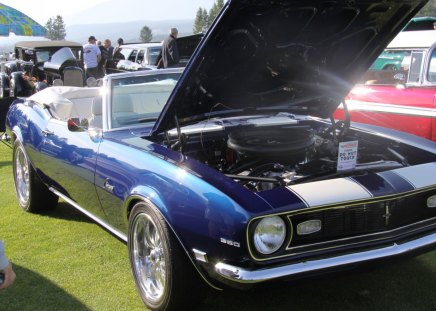 1967 Chevrolet Camaro 350 - white, headlights, chevrolet, engine, black, photography, tires, blue