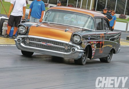 57 Chevy - black, classic, gold, bowtie, gm