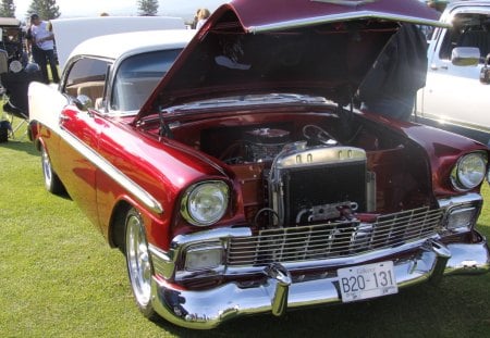 1956 Chevrolet Bel Air - grills, white, headlights, engine, red, photography, Chevrolet