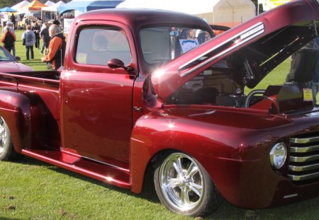 1949 Ford red truck - headlights, red, grills, black, tires, ford, engine, photography, truck