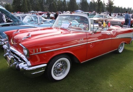 1957 Chevrolet Bel Air - white, chevrolet, headlights, red, photography, tires