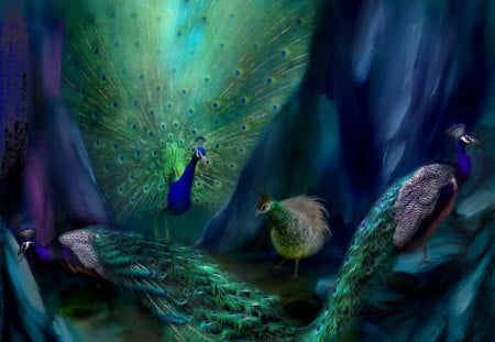 PEACOCK PARADISE - beauty, painting, feathers, ipad, artwork, -eacock, wallpaper, birds