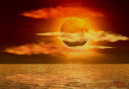 Gold Moon Rising - moon, oceans, sunsets, water