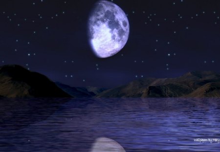 Half Moon - moon, water, mountains, lakes