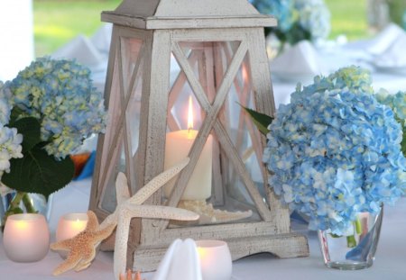 •✿• One glorious day •✿• - blue, romantic, entertainment, flowers, candles, table centerpiece, purity, forever, beautiful, sunshine, love, hydrangeas, special day, lantern, white, nature, lights, arrangement, bright