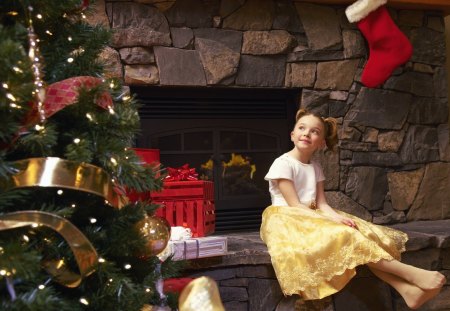 Enjoying Christmas - chimney, decoration, lights, girl, tree, child