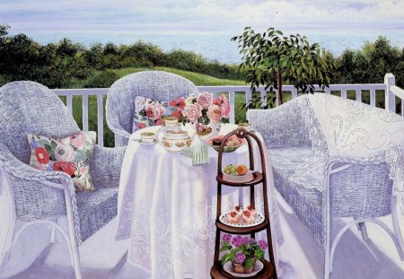 Festive Place - decoration, chairs, terrace, tableware, table, painting