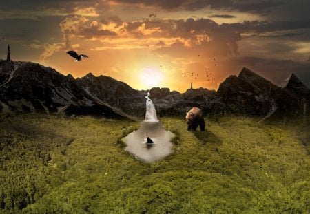 Last Oasis - greenroof, clouds, bird, bear, river, hills, sunset, sun