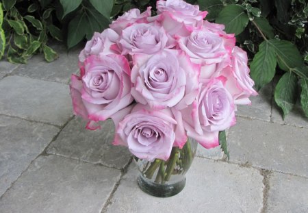 Ï‰âœ¿Ï‰ Fresh sweet scent Ï‰âœ¿Ï‰ - fresh, soft  purple, soft color, roses, bouquet, haze lavender, lovely, centerpiece, pretty, natuire, arrangement, beautiful, flowers, garden