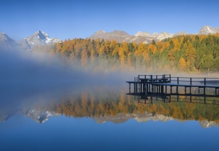 swiss lake in morning fog - morning, lake, autumn, forest, dock, fog