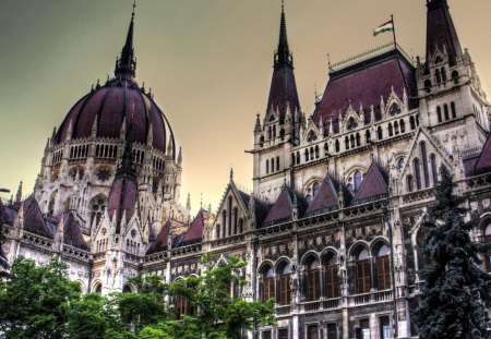 parliament building in budapest hungary - building, towers, government, trees