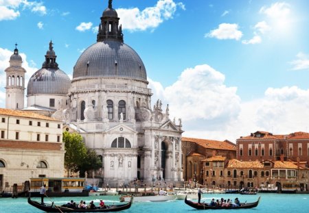 cathedral of santa maria della gondola in venice - sky, boats, city, canal, cathedral