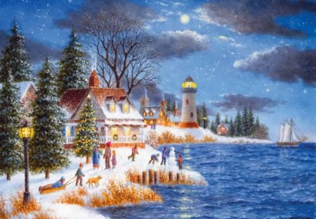 Christmas on the coast - nice, new year, fun, cottage, sky, joy, peaceful, colorful, coast, pretty, reflection, calmness, lantern, clouds, holiday, waterm shore, house, ocean, winter, kids, playing, lovely, christmas, serenity, waves, village, snow, beautiful, cabin, sea, decoration, lights