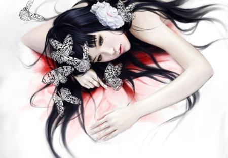 ♥.Spiritual Butterflies Girl.♥ - pretty, female, amazing, butterflies, eyes, flowers, butterfly designs, sad, beautiful, weird things people wear, lovely, hair, girls, bloody, white, lips, adorable, 3D and CG, spirits