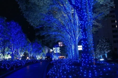 christmas in town - town, christmas, lights, blue