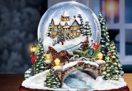 Christmas Globe - house, sleigh, christmas tree, people, christmas globe, lamp, horse