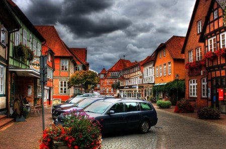 quaint village center - village, clouds, cars, stores, shopping