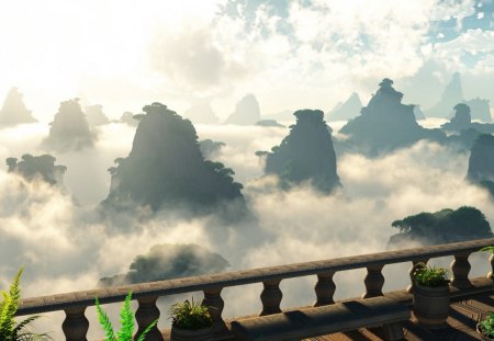 view of mountain peaks from a terrace - mountains, peaks, terrace, clouds