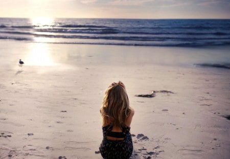 contemplation on the beach - bird, sunset, contemplating, beach, bright, girl, light