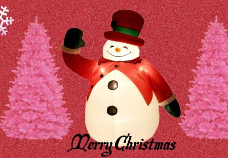 ღ.Welcome to Xmas Snowman.ღ - snowflakes, entertainment, christmas trees, pink, celebration, happy, jolly, holiday, xmas, other, colors, white, scarf, winter time, new year, cute, seasons greeting, welcome to xmas snowman, festival, red, hat, snowman, winter, cool, lovely, christmas, black, colorful, smile, welcome, funny, adorable, gloves