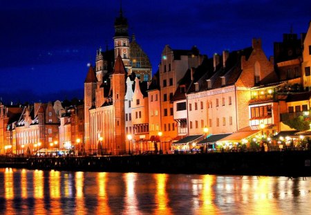 riverfront in gdansk poland - riverfront, reflection, city, night, lights