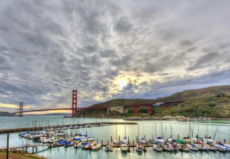 golden gate marina hdr - marina, bridge, boats, clouds