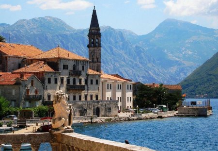 coastal greek village by the mountains - mountains, village, church, coast