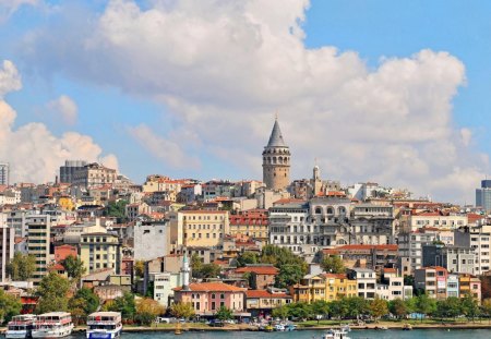 exotic istanbul turkey - clouds, boats, coast, city, mosque