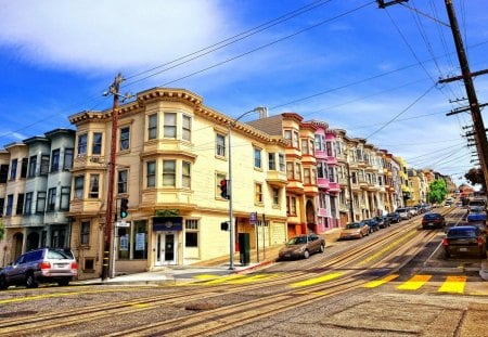 nice san franciscan street hdr - street, houses, california, popular, hills, wallpaper, trolley tracks, san francisco, cityscapes, up hill, architecture, city, hdr