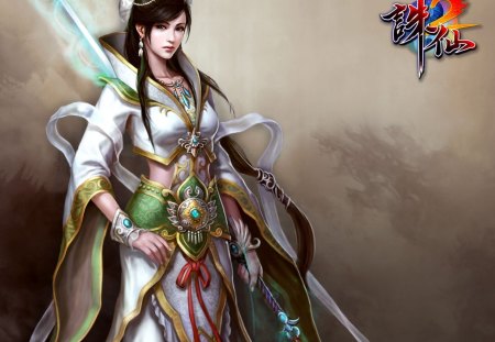 Anan - female, lone, anan, long hair, jade dynasty, games, weapon, sword, brown background