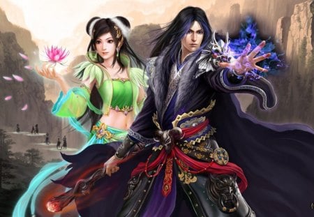 Bilu & Velonus - duo, velonus, jade dynasty, games, mountains, long hair, bilu, flower