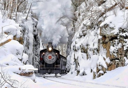 fragment of winter - nature, train, snow, winter, rocks