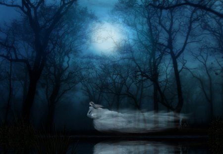 GHOST FOREST - moon, trees, ghost, blue, forest, dark, black, fantasy, white, wallpaper