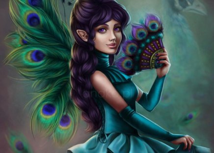 Peacock Fairy - fantasy, fan, peacock, feathers, fairy