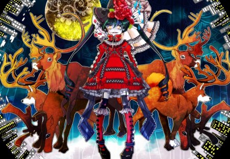 Hatsune Miku - santa claus, rose, white, reindeer, anime, cute, manga, hatsune miku, moon, girl, night, funny, horns, christmas, blue, snow, red, animal, city, flower