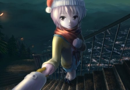 Winter night - stairs, santa claus, white, blonde hair, hand, green, anime, tree, cute, manga, mountain, girl, light, winter, night, christmas, forest, blue, red, city