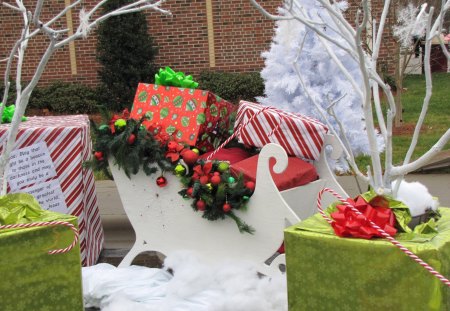 ω✿ω  Christmas Festival ω✿ω - winter, gifts, forever, beautiful, presents, bows, festival, love, christmas, nature, red, green, white tree, sled full of gifts, ribbons