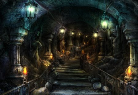 LONG STAIRWAY - stairway, steps, lanterns, castle