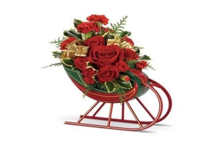 à¹‘~â™¥à¹‘ Romantic Sleigh à¹‘â™¥~à¹‘ - sleigh, floral design, forever, faith, fresh, present, wonderful, nature, arrangement, red, special event, magnificent, winter, golden gifts, flowers, centerpiece, love, original, believe, roses, merry christmas, gift, hope, green