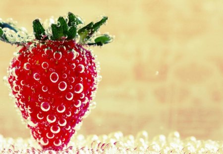 Happy bubbles - bubble, strawberry, water, red, green, fruit, drops