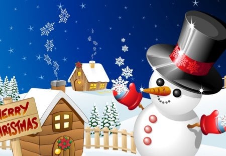 Happiest Season - warm, house, trees, snowman, winter, snowflakes, whimsical, snow, cozy, home, happy, smile, sky