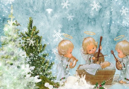 Song of Angels - jesus, rabbits, snowflakes, angels, snow, musical, holly, feliz navidad, music, harp, cradle, xmas, sky, trees, violin, sweet, baby, christmas, mandolin, bunnies