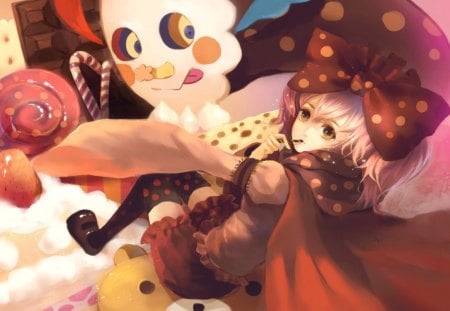 A sweet World - girl, bear, toy, cookies, christmas, dots, brown, bow, yellow, pink, red, anime, sweet, food, chocolate, manga