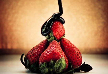 Strawberries and chocolate - black, strawberry, red, green, food, fruit, chocolate, sweet