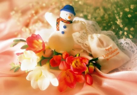 Christmas gift with love - pretty, flowers, fresh, holiday, nice, mood, snowman, decoration, lovel passion, beautiful, letter, lovely, freshness, tree, christmas, noel, new year, gift