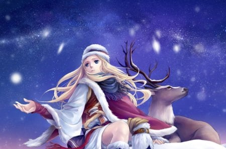 Winter evening - anime, winter, blue, evening, snow, girl, blonde hair, night, stars, christmas, manga, white, reindeer, sky